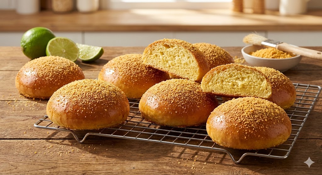Mexican Brioche Buns mit Nacho-Topping Frisch gebackene, goldbraune Brioche-Burgerbrötchen auf einem Kuchengitter, bestreut mit feinen Nacho-Bröseln. Ein Brötchen ist aufgeschnitten und zeigt die gelbliche, lockere Krume. Limetten und eine Schale mit Bröseln stehen im Hintergrund.