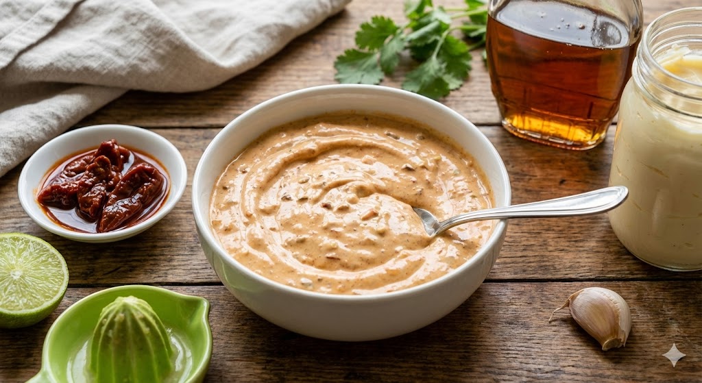 Chipotle-Limetten-Mayonnaise Eine kleine Schüssel mit cremiger, orange-rötlicher Mayonnaise, durchzogen von kleinen Stückchen der Chipotle-Chilis. Zutaten wie Chipotle in Adobo, Limette und Ahornsirup sind im Hintergrund zu sehen.