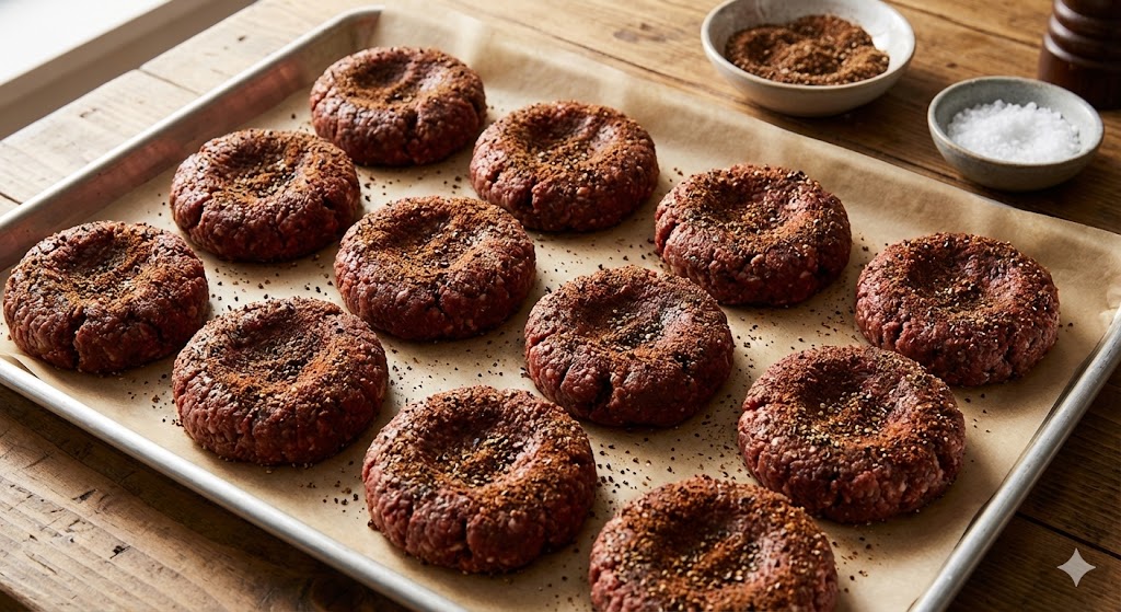 Rohe Cocoa-Beef Burger Patties Ein Backblech mit Backpapier, darauf liegen zwölf rohe Rinderhackfleisch-Patties. Sie sind mit einer dunklen Kakao-Gewürzmischung eingerieben und haben eine Daumenmulde in der Mitte. Schälchen mit Gewürzen und Salz stehen daneben.