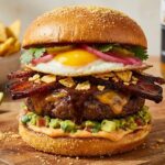Ein hoch aufgetürmter mexikanischer Burger auf einem Holzbrett. Man sieht ein Brioche-Bun mit Nacho-Topping, ein Spiegelei, karamellisierten Speck, ein dickes Rindfleisch-Patty mit geschmolzenem Cheddar und dunkler Mole-Glasur, Guacamole, eingelegte Zwiebeln und Jalapeños. Im Hintergrund Nachos und ein Bier.
