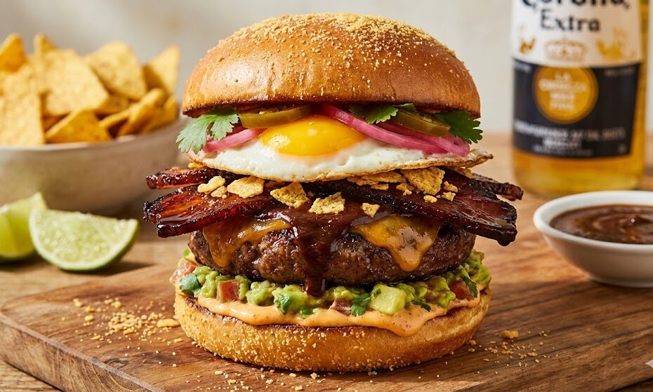 Ein hoch aufgetürmter mexikanischer Burger auf einem Holzbrett. Man sieht ein Brioche-Bun mit Nacho-Topping, ein Spiegelei, karamellisierten Speck, ein dickes Rindfleisch-Patty mit geschmolzenem Cheddar und dunkler Mole-Glasur, Guacamole, eingelegte Zwiebeln und Jalapeños. Im Hintergrund Nachos und ein Bier.
