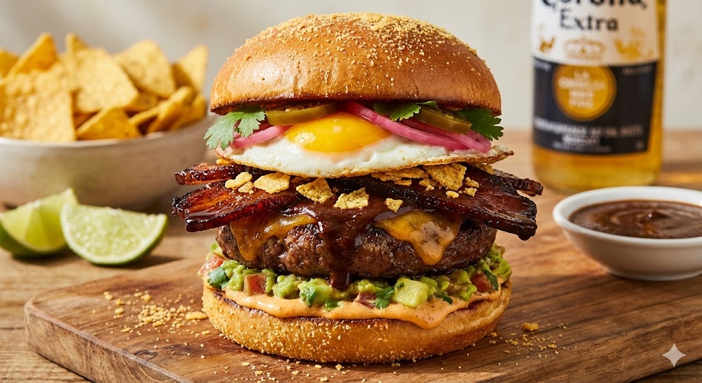 Mexikanischer Burger «El Jefe» Ein hoch aufgetürmter mexikanischer Burger auf einem Holzbrett. Man sieht ein Brioche-Bun mit Nacho-Topping, ein Spiegelei, karamellisierten Speck, ein dickes Rindfleisch-Patty mit geschmolzenem Cheddar und dunkler Mole-Glasur, Guacamole, eingelegte Zwiebeln und Jalapeños. Im Hintergrund Nachos und ein Bier.