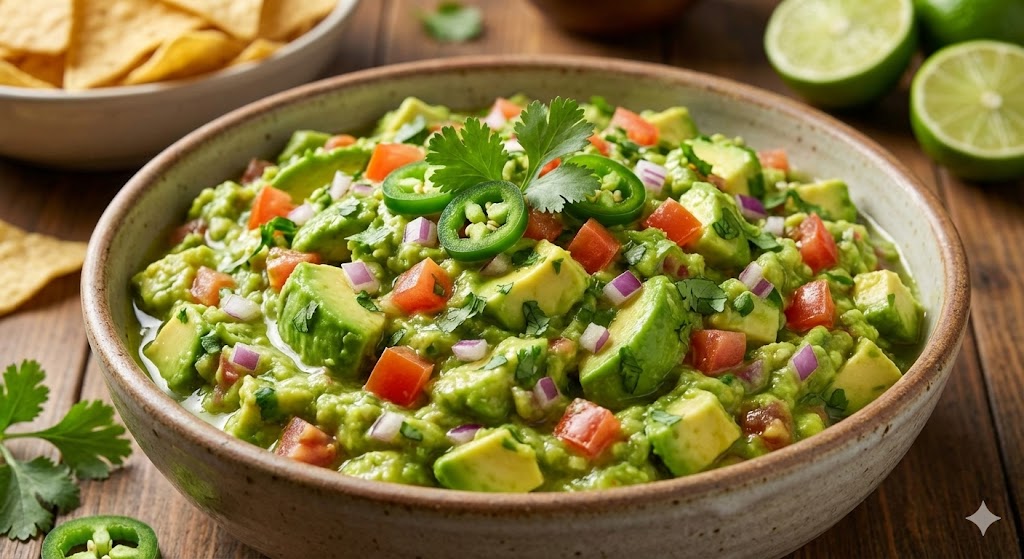 Stückige Guacamole «El Jefe» Eine Schale mit stückiger Guacamole, in der man grob zerdrückte Avocado, Tomatenwürfel, rote Zwiebeln, Jalapeño-Scheiben und frischen Koriander erkennen kann. Im Hintergrund eine Schüssel mit Tortilla Chips.