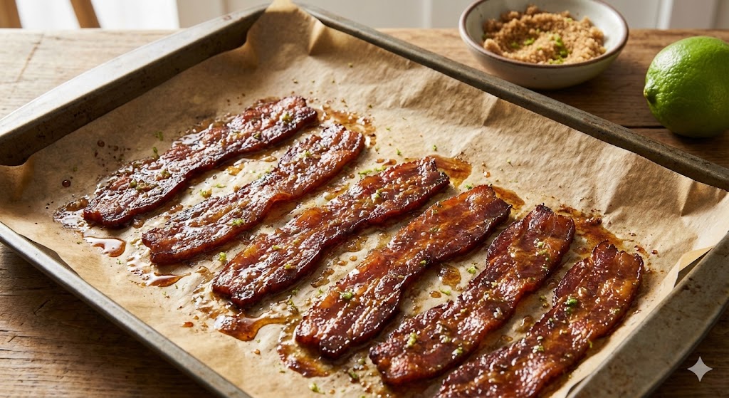 Karamellisierter Speck (Tocino con Piloncillo) Knusprig gebackene Frühstücksspeck-Scheiben auf einem Backblech mit Backpapier. Der Speck ist dunkel karamellisiert, glänzt vom braunen Zucker und ist mit Limettenabrieb bestreut.
