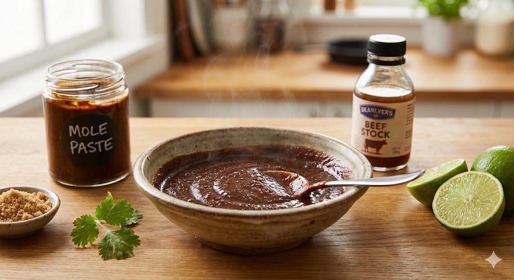 Mole-Glace Burger-Lackierung Eine Schale mit dunkler, glänzender Mole-Sauce, die als Glasur für Burger dient. Ein Löffel taucht in die dickflüssige Sauce. Im Hintergrund stehen ein Glas Mole-Paste, Rinderfond und Limetten.