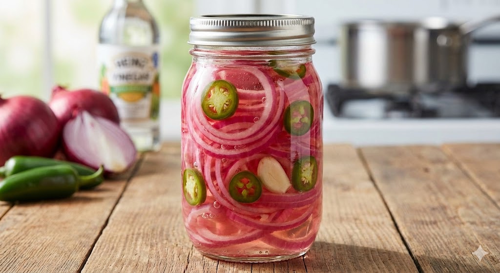 Schnelle eingelegte rote Zwiebeln Ein verschlossenes Einmachglas gefüllt mit pinken, eingelegten roten Zwiebelringen, grünen Jalapeño-Scheiben und einer Knoblauchzehe im Essigsud.