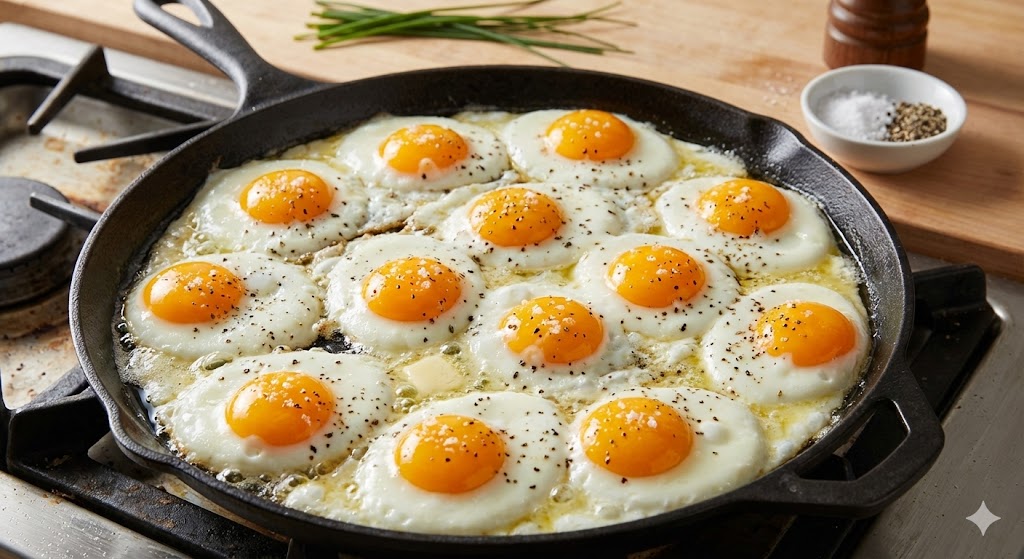 Spiegeleier in der Pfanne Eine gusseiserne Pfanne auf einem Herd, in der mehrere Spiegeleier (Sunny Side Up) braten. Das Eiweiß ist gestockt, das Eigelb flüssig, gewürzt mit Salz und Pfeffer.